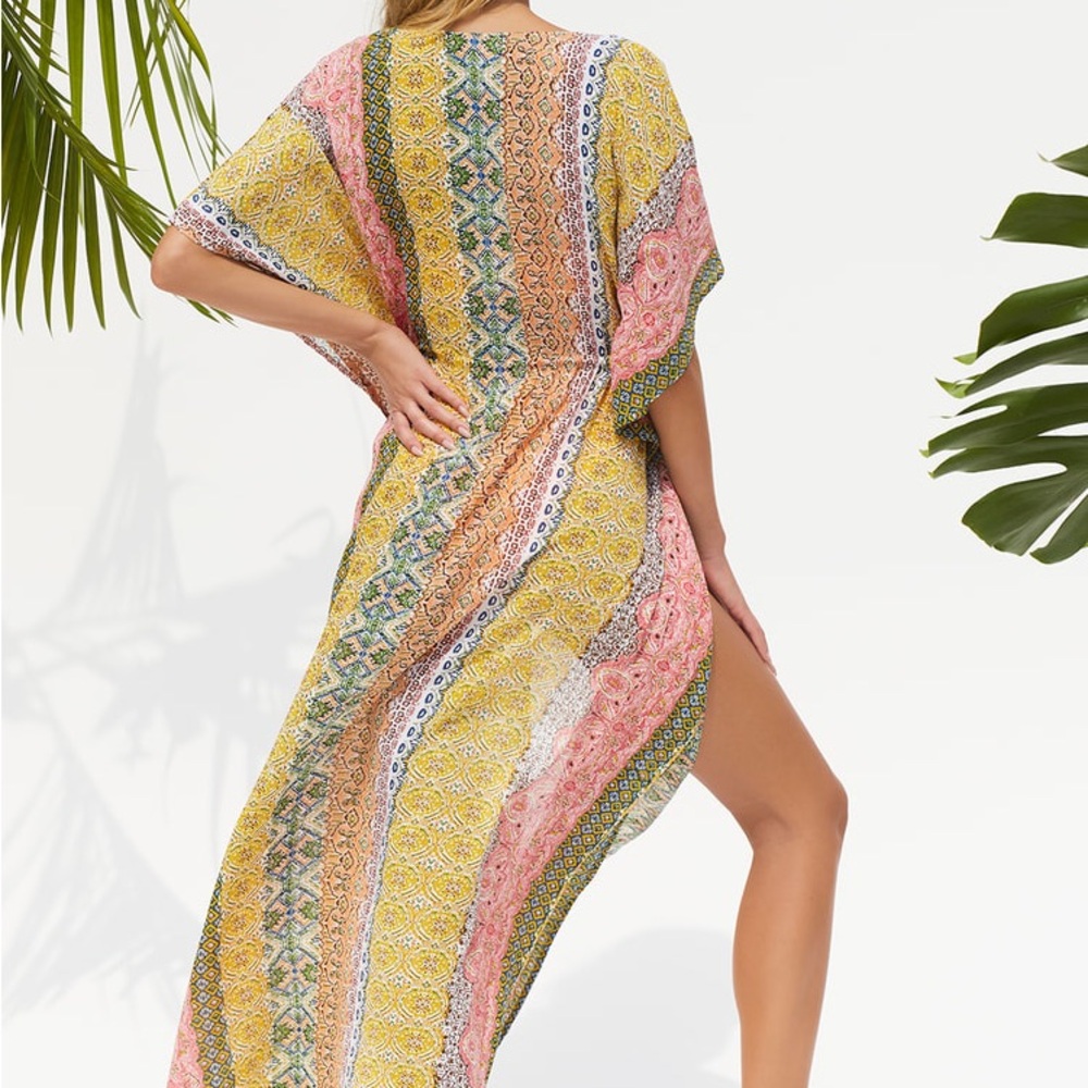 Lulu’s Open Front Cover Up Multicolor Bohemian Maxi Length Boho Swim Beachy Sz M